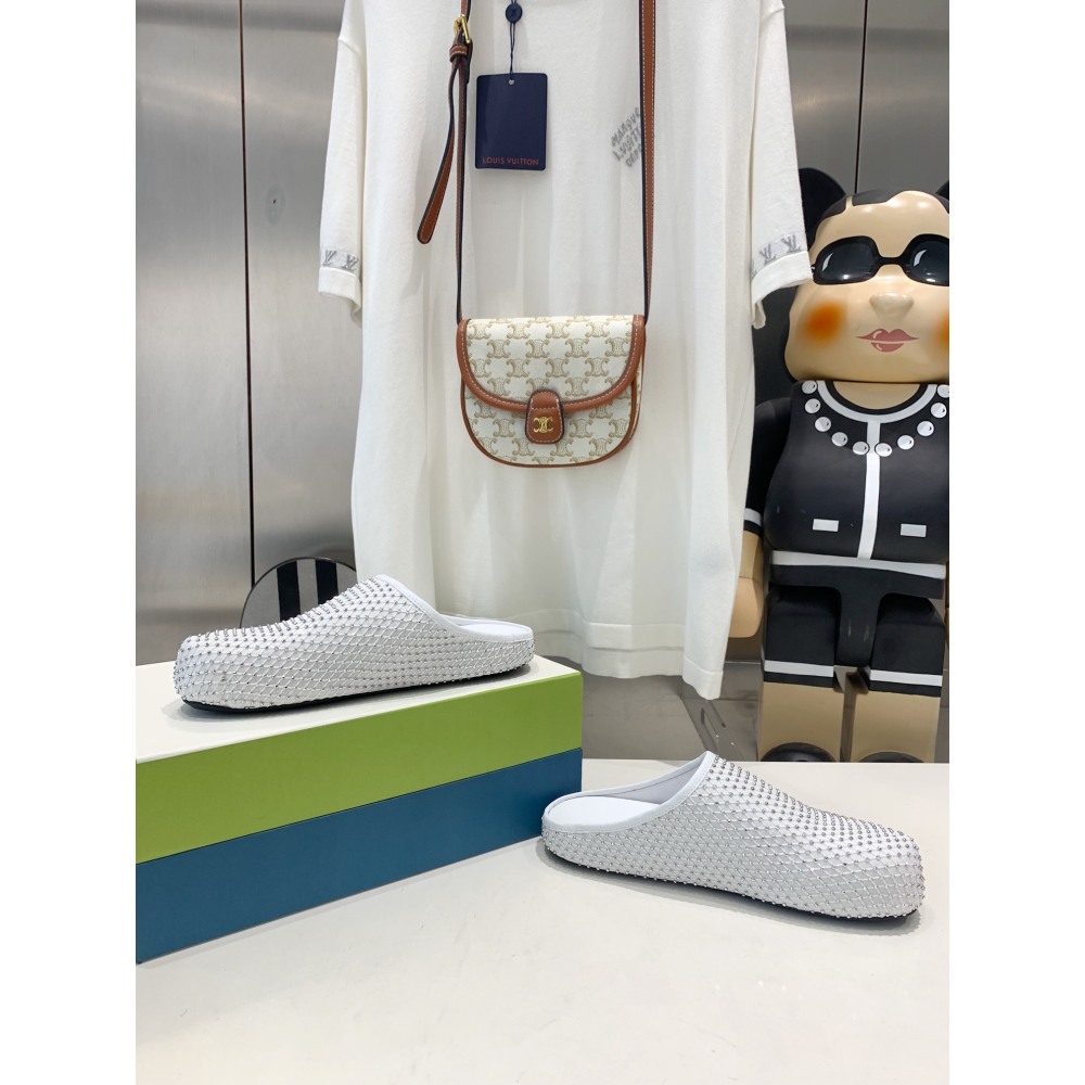 Marni White leather Fussbett Sabot Slide With Rhinestones 241379F121007