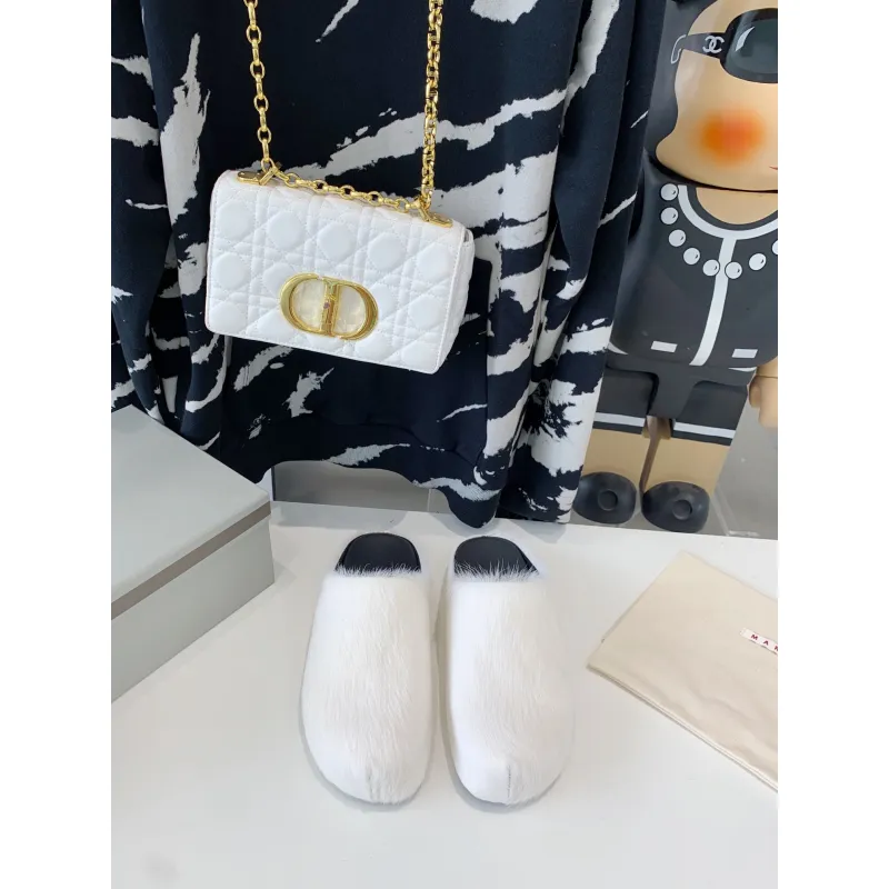 Marni White LONG-HAIR CALFSKIN FUSSBETT SABOT Slide SBMR000600P412200N31