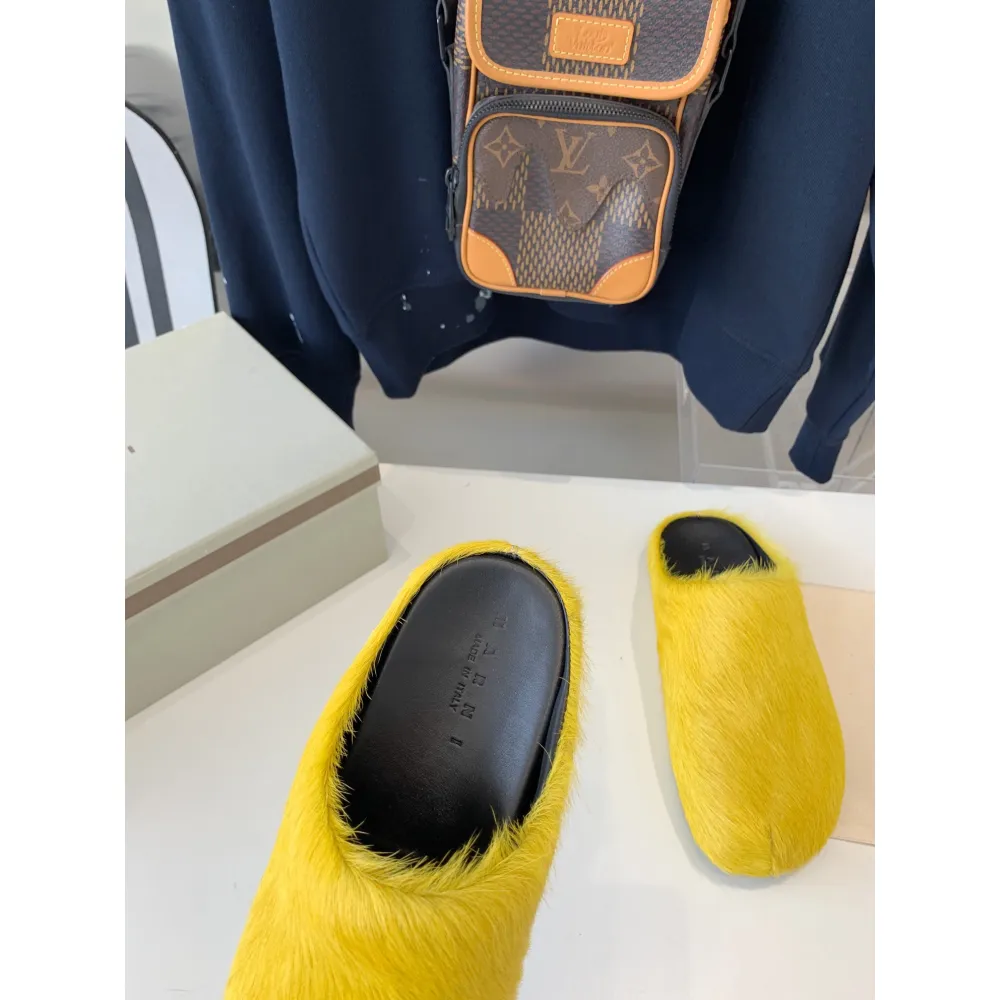 marni yellow long-hair calfskin fussbett sabot slide sbmr000600p412200c59