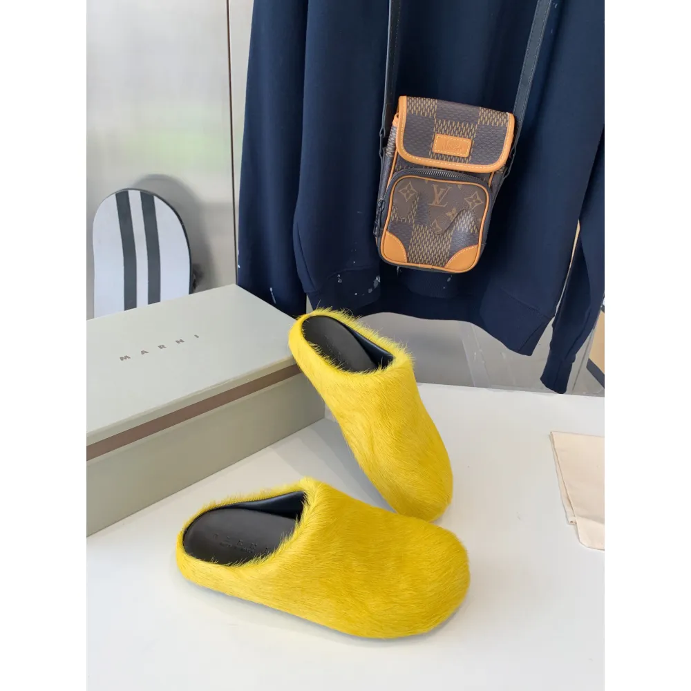 marni yellow long-hair calfskin fussbett sabot slide sbmr000600p412200c59