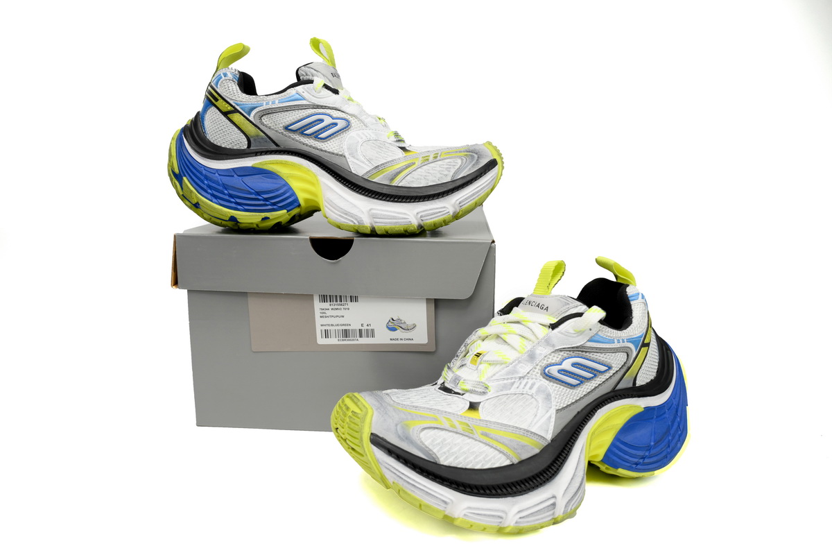 Balenciaga 10XL Sneaker In White/Blue/Fluorescent Green 784342 W2MV2 7019