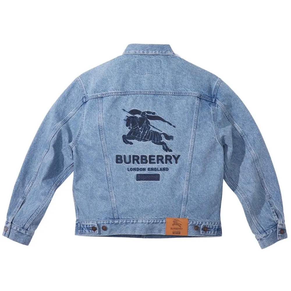 burberry × supreme blue distressed embroidered denim jacket