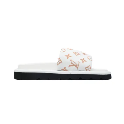 Louis Vuitton White Yellow Logo Pool Pillow Comfort Flat Slides 02