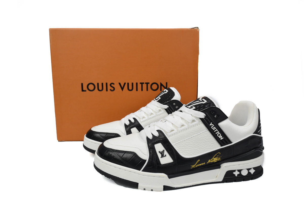 Louis Vuitton Trainer Sneaker Alligator Leather Tongue White Black