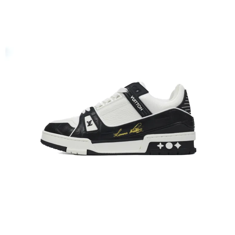 Louis Vuitton Trainer Sneaker Alligator Leather Tongue White Black
