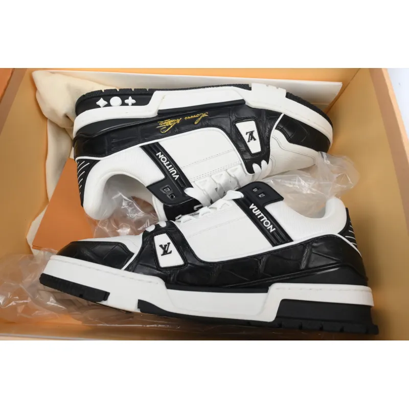 Louis Vuitton Trainer Sneaker Alligator Leather Tongue White Black