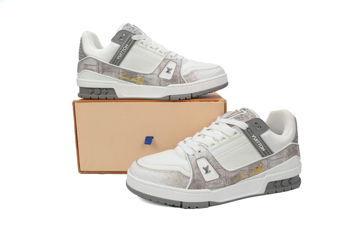 Louis Vuitton Trainer Sneaker Alligator Leather White Gray