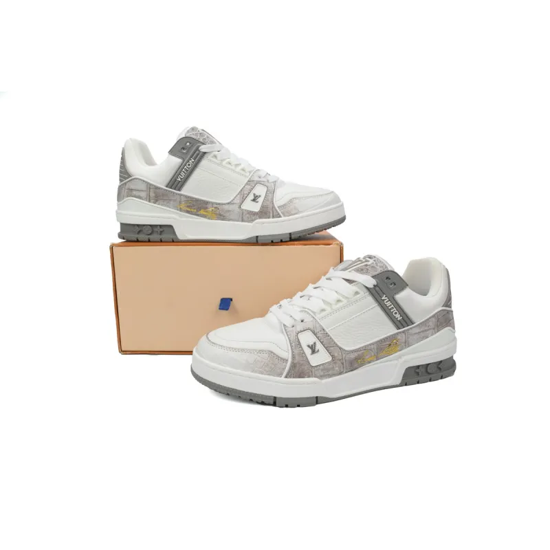 Louis Vuitton Trainer Sneaker Alligator Leather White Gray