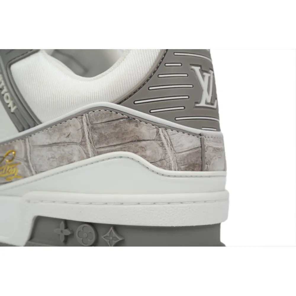 Louis Vuitton Trainer Sneaker Alligator Leather White Gray