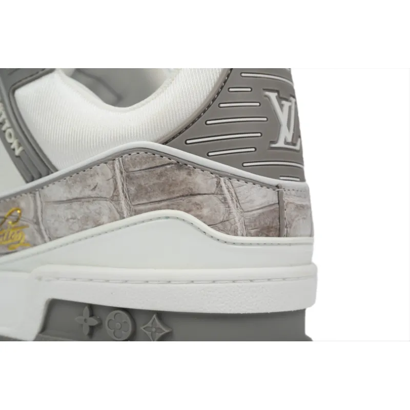 Louis Vuitton Trainer Sneaker Alligator Leather White Gray