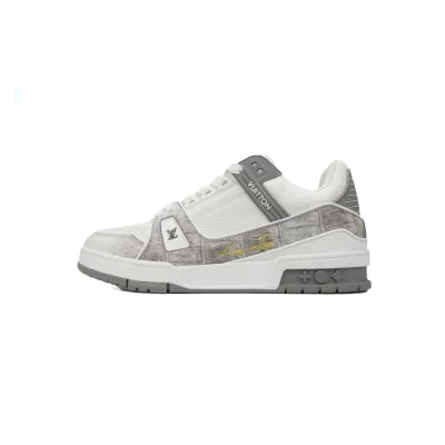 Louis Vuitton Trainer Sneaker Alligator Leather White Gray 01
