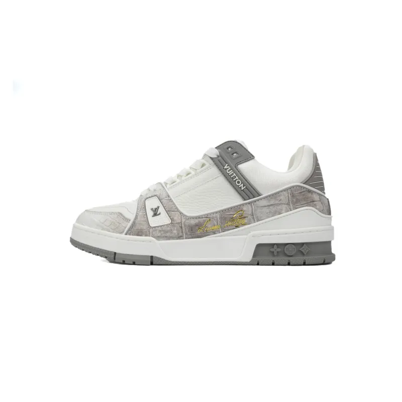 Louis Vuitton Trainer Sneaker Alligator Leather White Gray