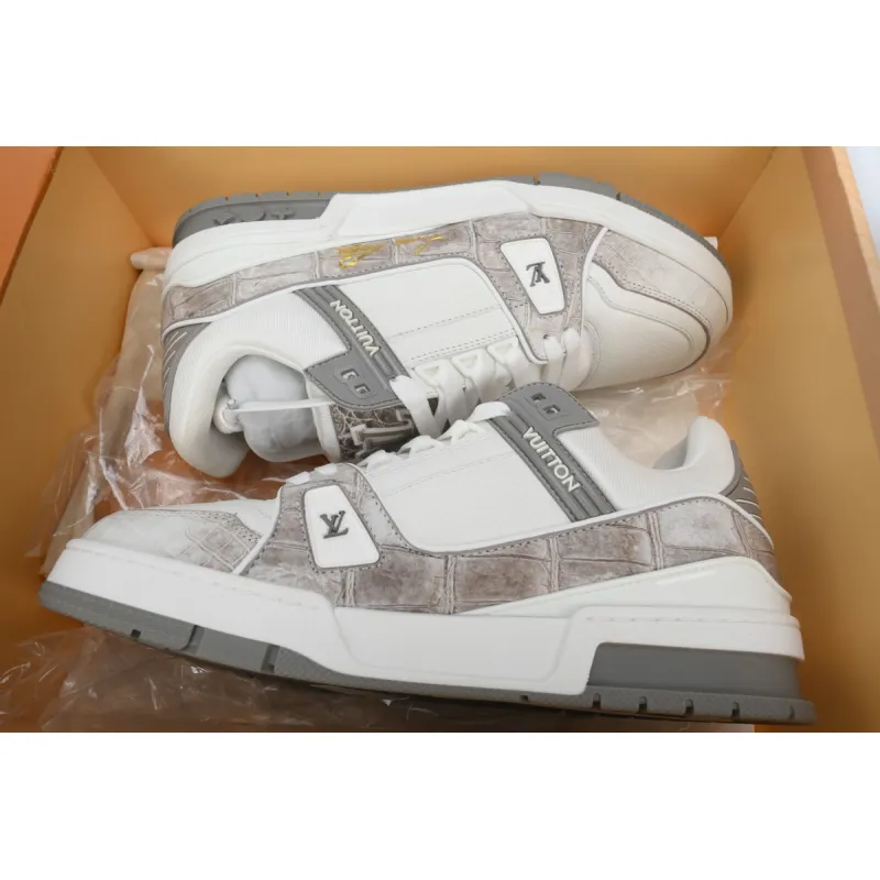 Louis Vuitton Trainer Sneaker Alligator Leather White Gray