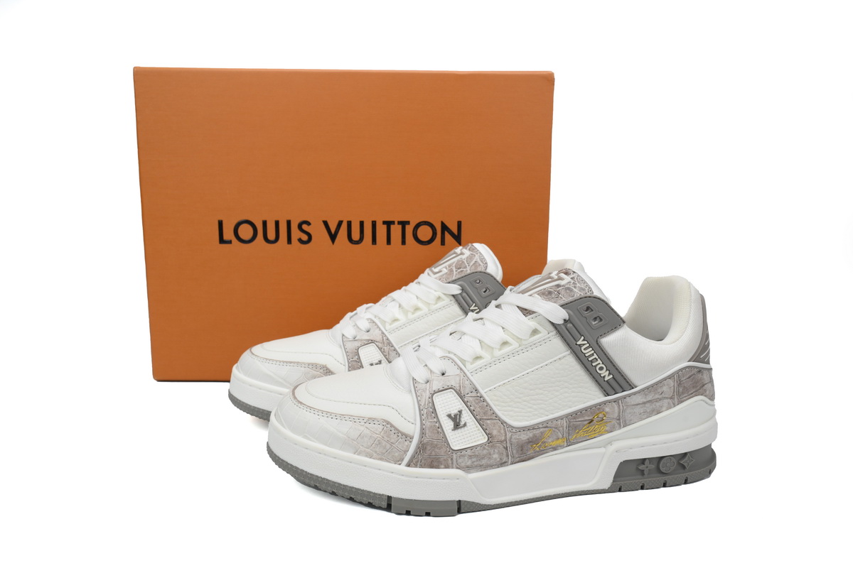 Louis Vuitton Trainer Sneaker Alligator Leather White Gray