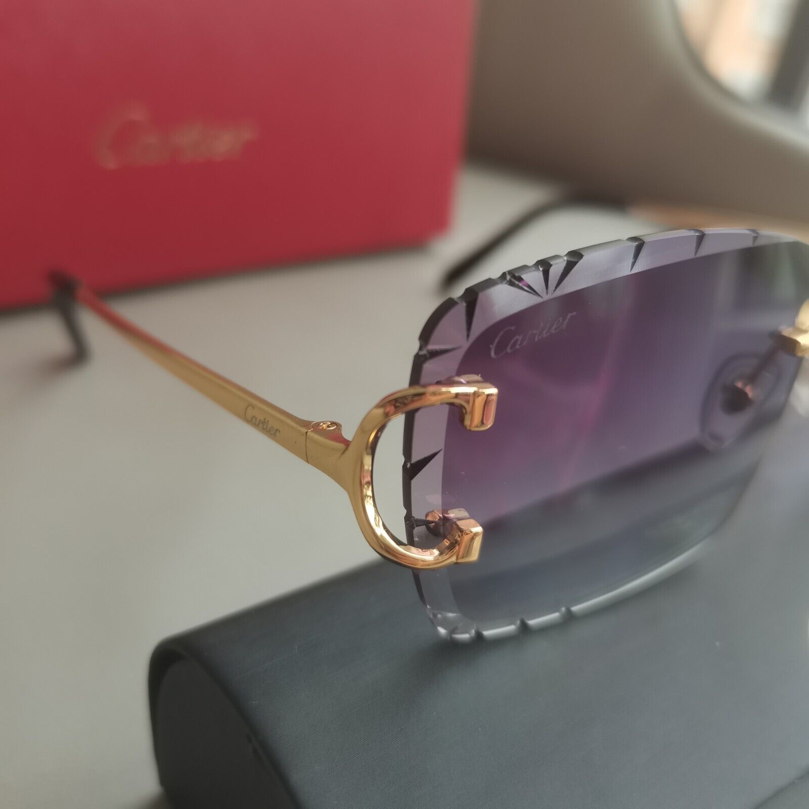 Cartier rimless Diamond cut sunglasses glasses BIG C decor Piccadilly CT0092O