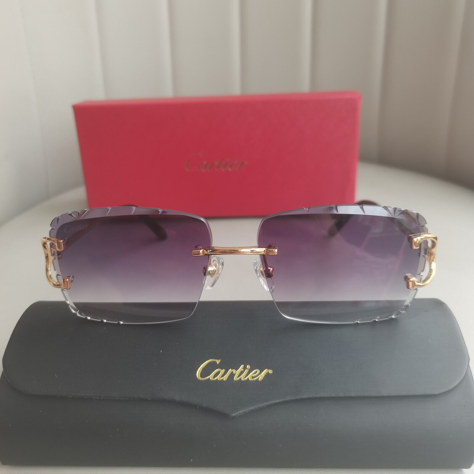Cartier rimless Diamond cut sunglasses glasses BIG C decor Piccadilly CT0092O