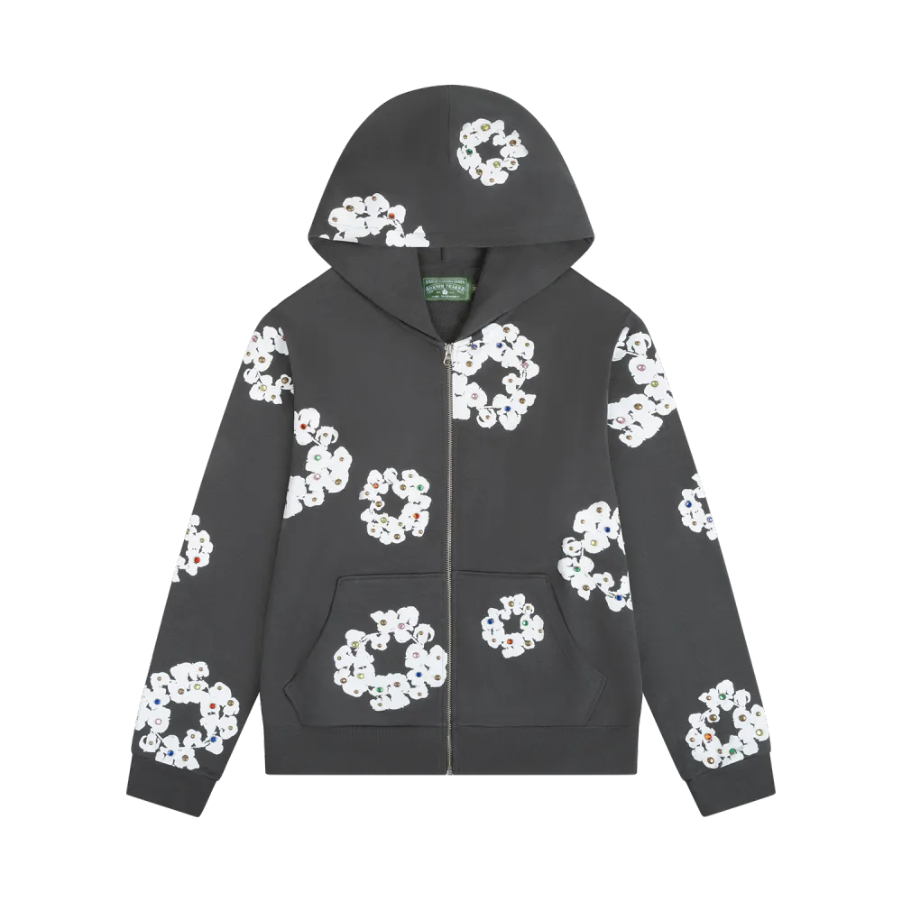 Denim Tears Rhinestone Cotton Wreath Zip Hoodie Vintage Black YZ XC 250113