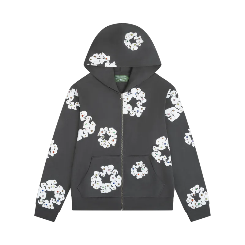 Denim Tears Rhinestone Cotton Wreath Zip Hoodie Vintage Black YZ XC 250113