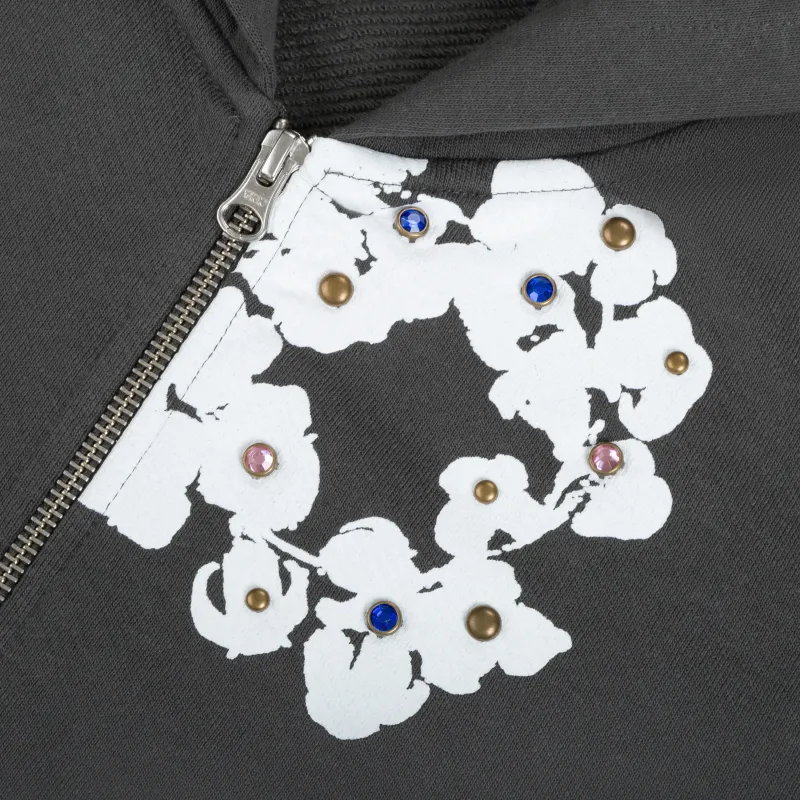 Denim Tears Rhinestone Cotton Wreath Zip Hoodie Vintage Black YZ XC 250113
