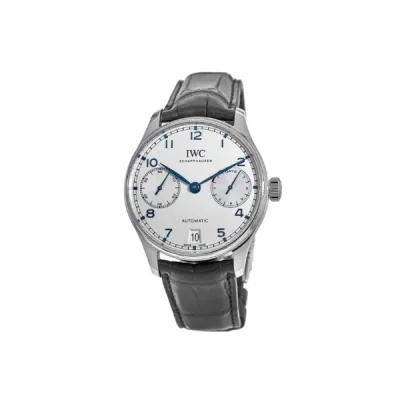 IWC Portugieser Automatic 7 Day Power Reserve Silver Blue Dial Leather Men's Watch IW500705 01