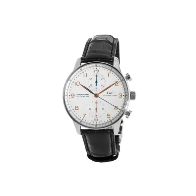IWC Portugieser Automatic Chronograph Silver Dial Gold Markers Leathe Men's Watch IW371604 01