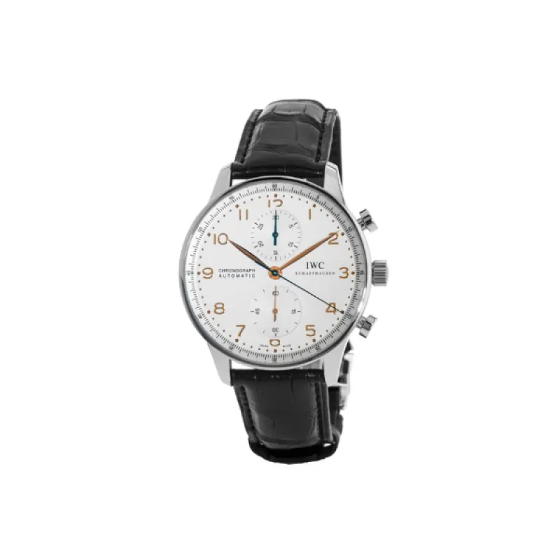 IWC Portugieser Automatic Chronograph Silver Dial Gold Markers Leathe Men's Watch IW371604
