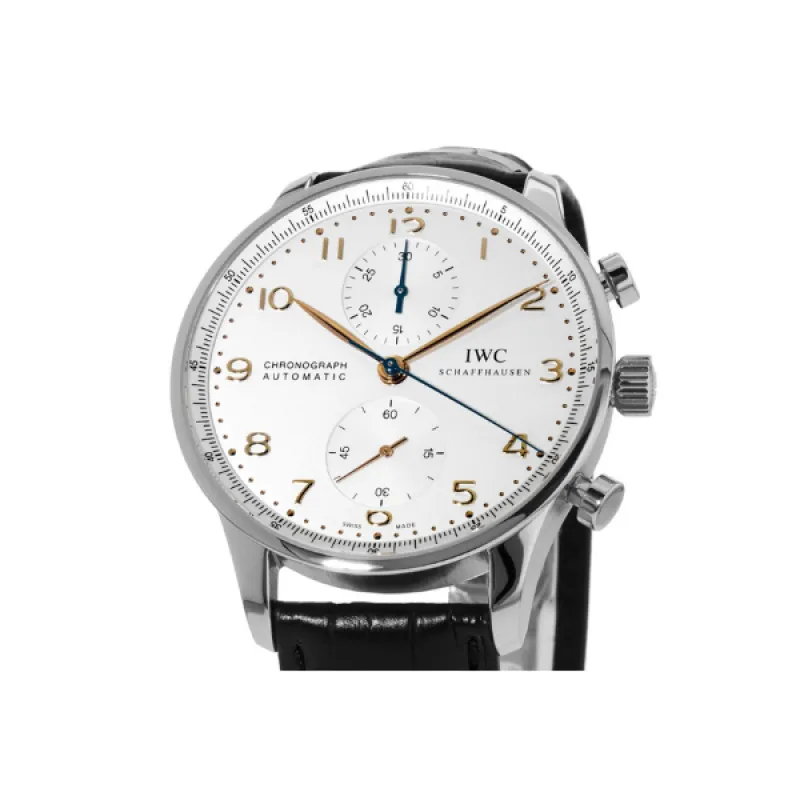 IWC Portugieser Automatic Chronograph Silver Dial Gold Markers Leathe Men's Watch IW371604