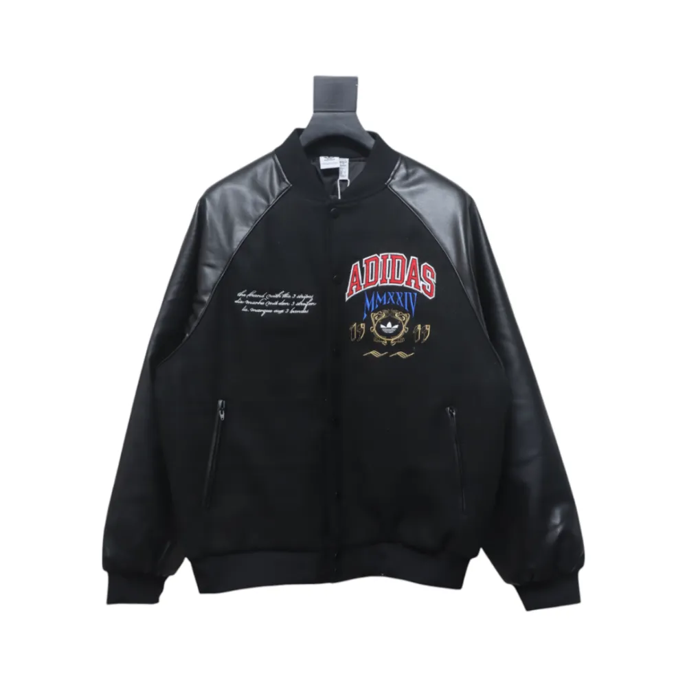 ADIDAS Embroidered Leather Quilted Baseball Jacket
