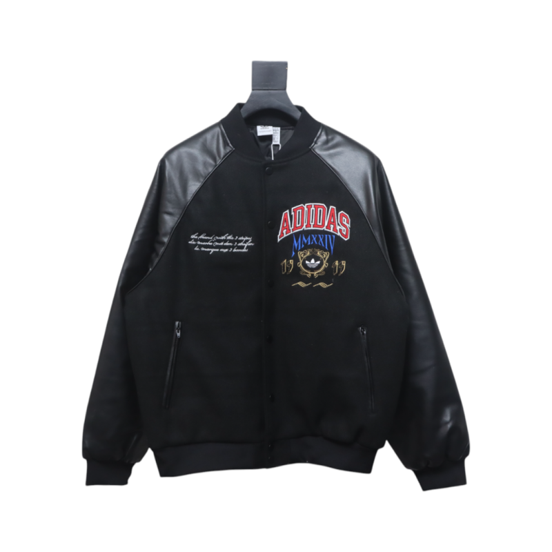 ADIDAS Embroidered Leather Quilted Baseball Jacket
