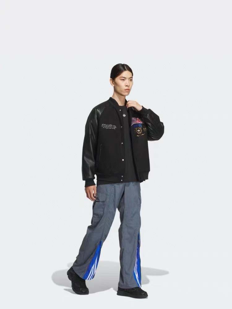 ADIDAS Embroidered Leather Quilted Baseball Jacket