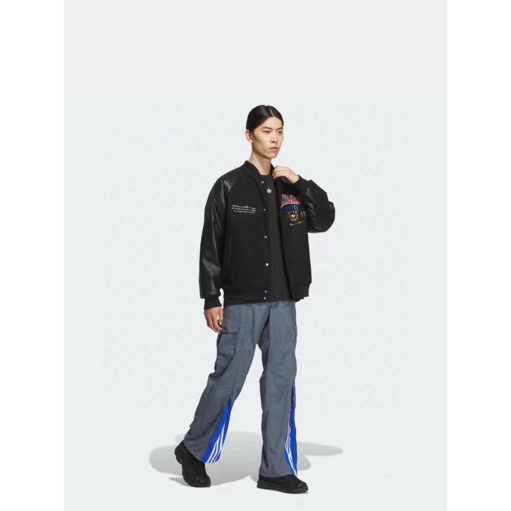 ADIDAS Embroidered Leather Quilted Baseball Jacket