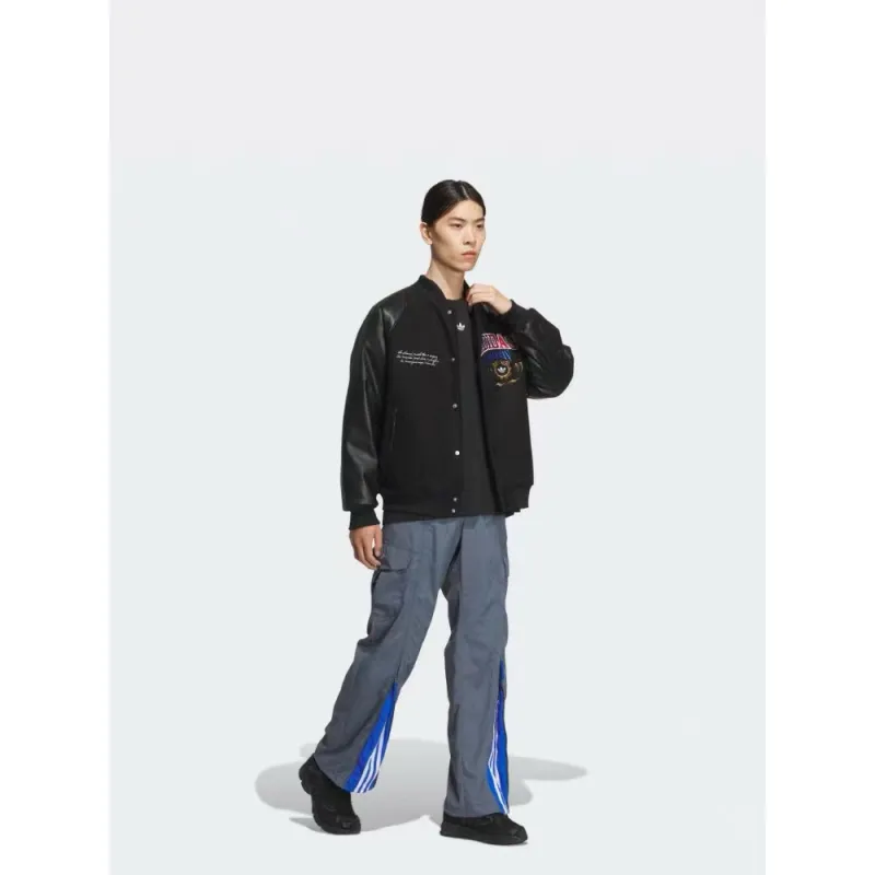 ADIDAS Embroidered Leather Quilted Baseball Jacket
