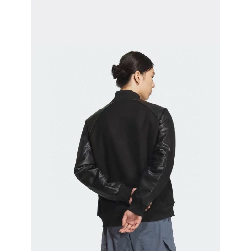 ADIDAS Embroidered Leather Quilted Baseball Jacket