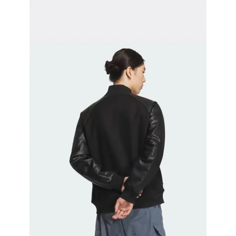 ADIDAS Embroidered Leather Quilted Baseball Jacket