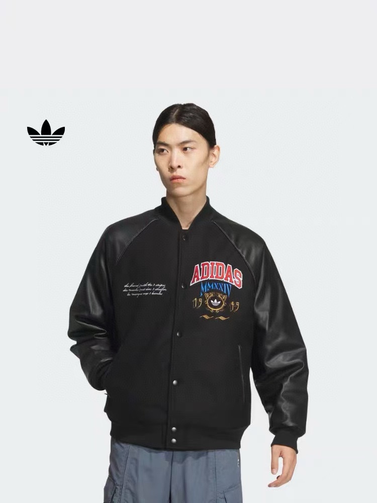 ADIDAS Embroidered Leather Quilted Baseball Jacket