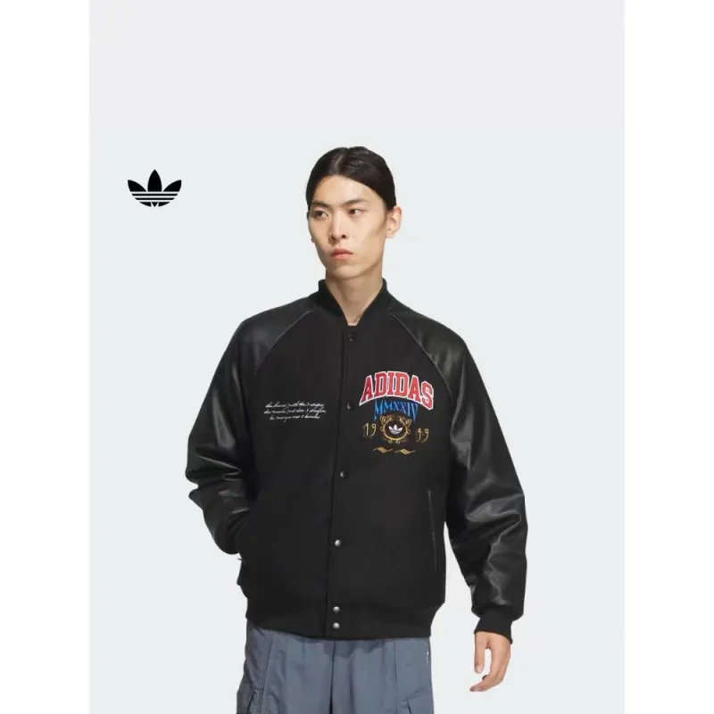 ADIDAS Embroidered Leather Quilted Baseball Jacket