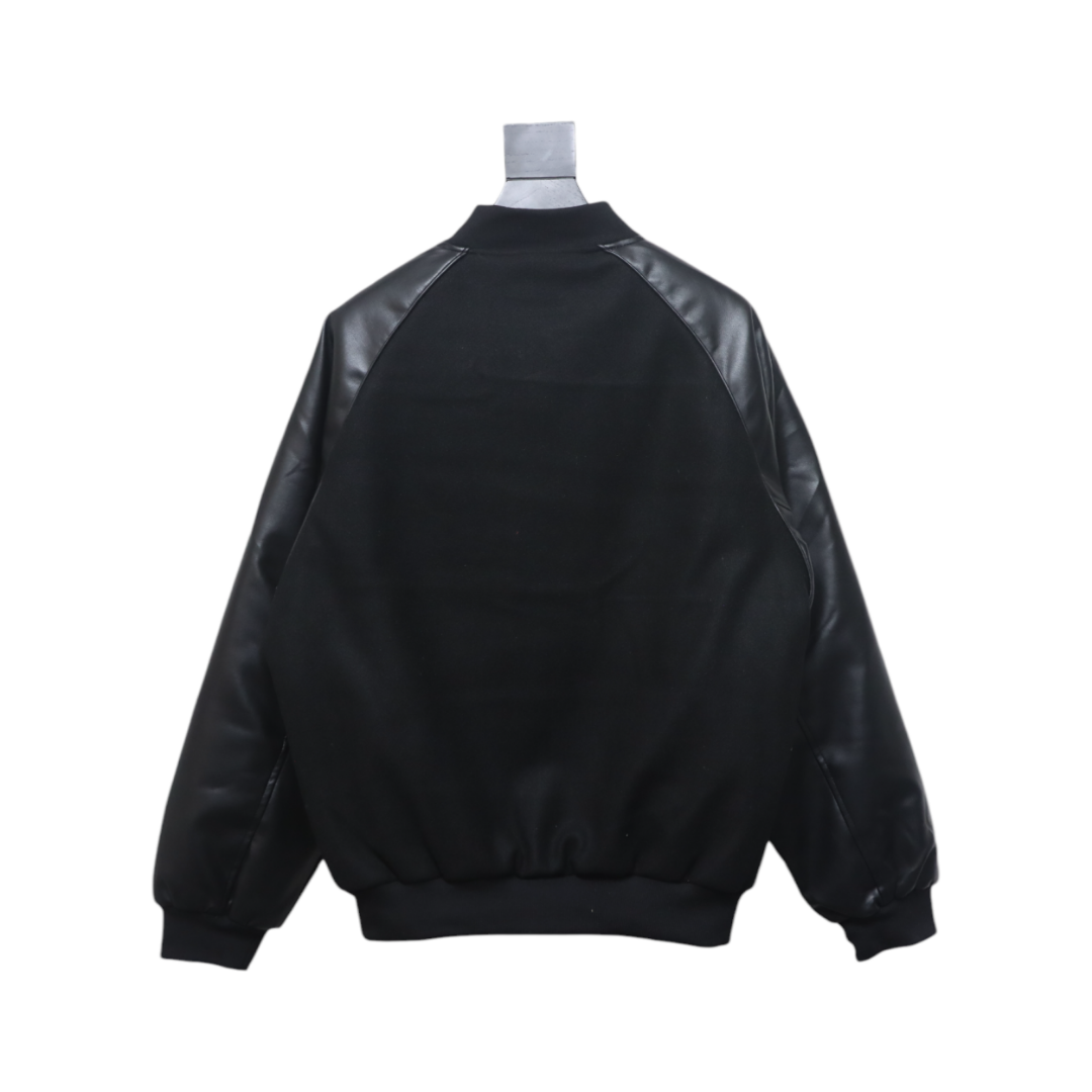 ADIDAS Embroidered Leather Quilted Baseball Jacket