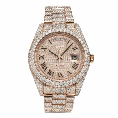 Rolex Day Date II Luxury Watch 41MM Rose Gold President Bracelet Fully Iced Out 218235 01