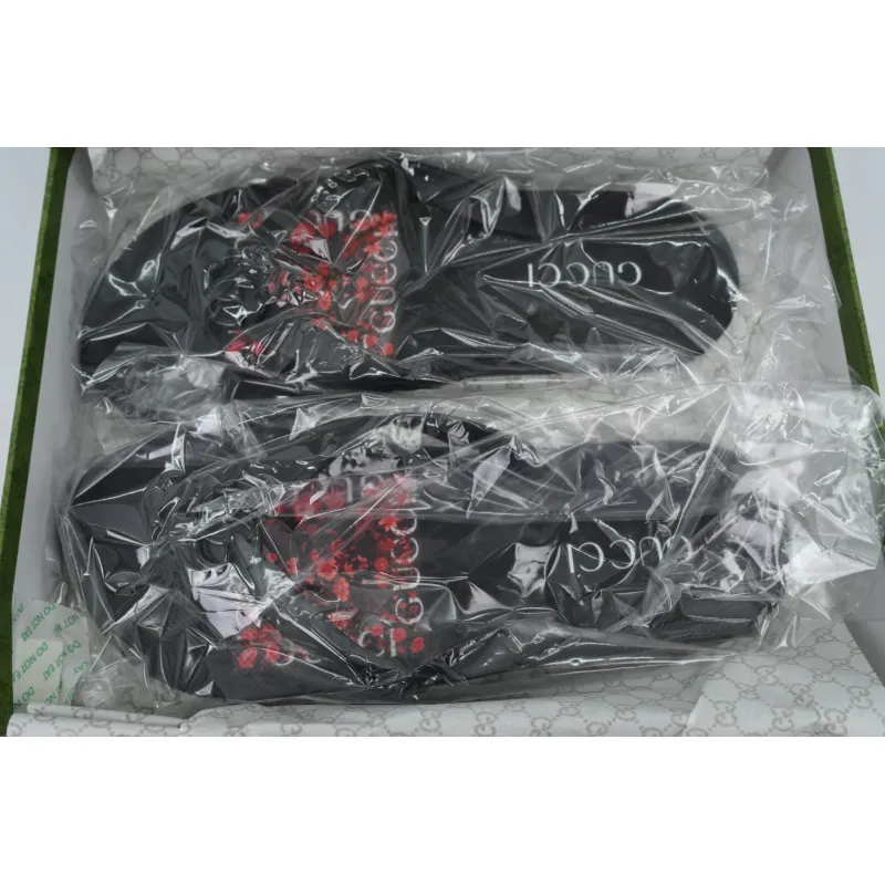 Gucci Slippers Striped Bottom Flower Black