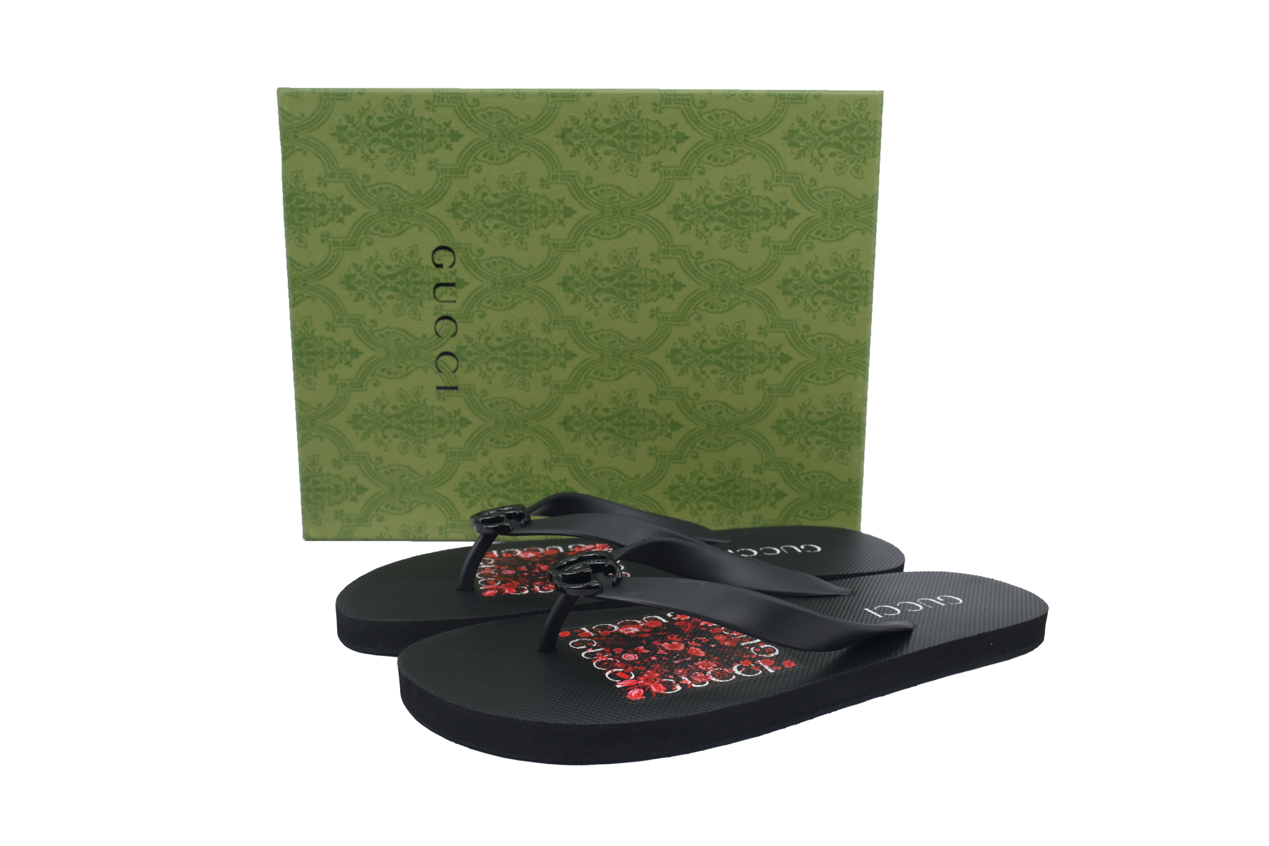 Gucci Slippers Striped Bottom Flower Black