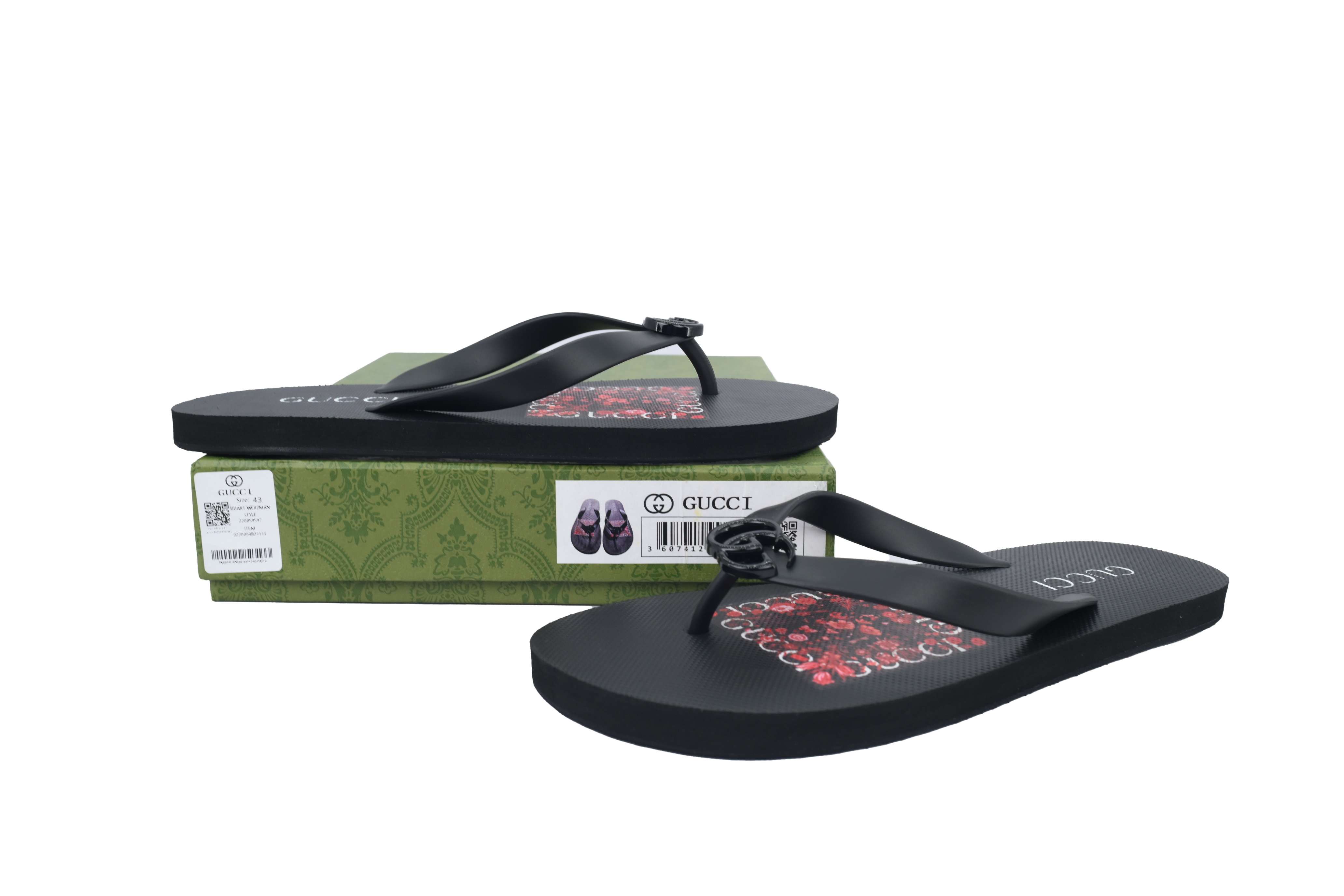 Gucci Slippers Striped Bottom Flower Black