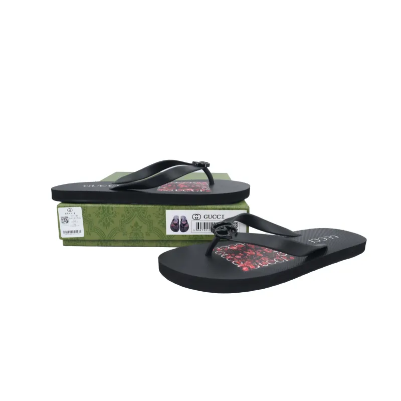 Gucci Slippers Striped Bottom Flower Black