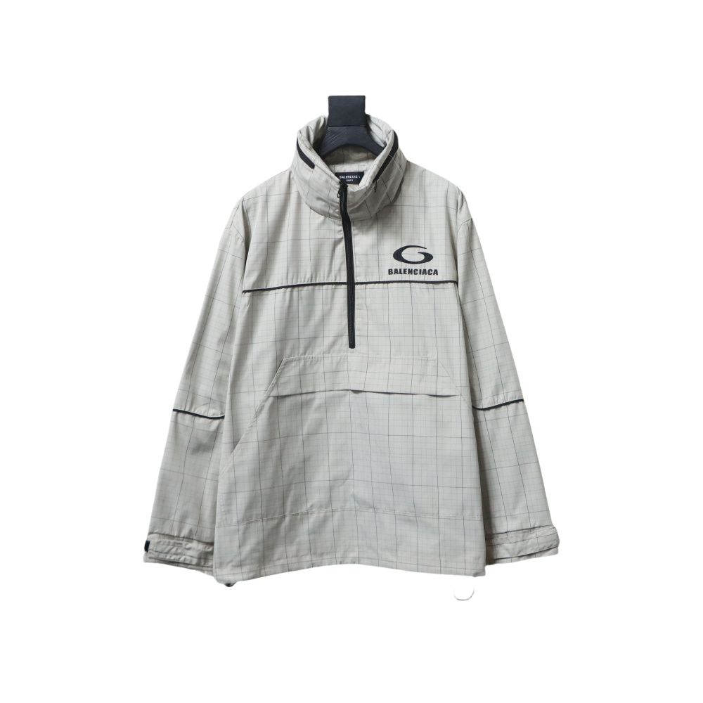 Balenciaga Embroidered Stand Collar Half-Zip Plaid Jacket