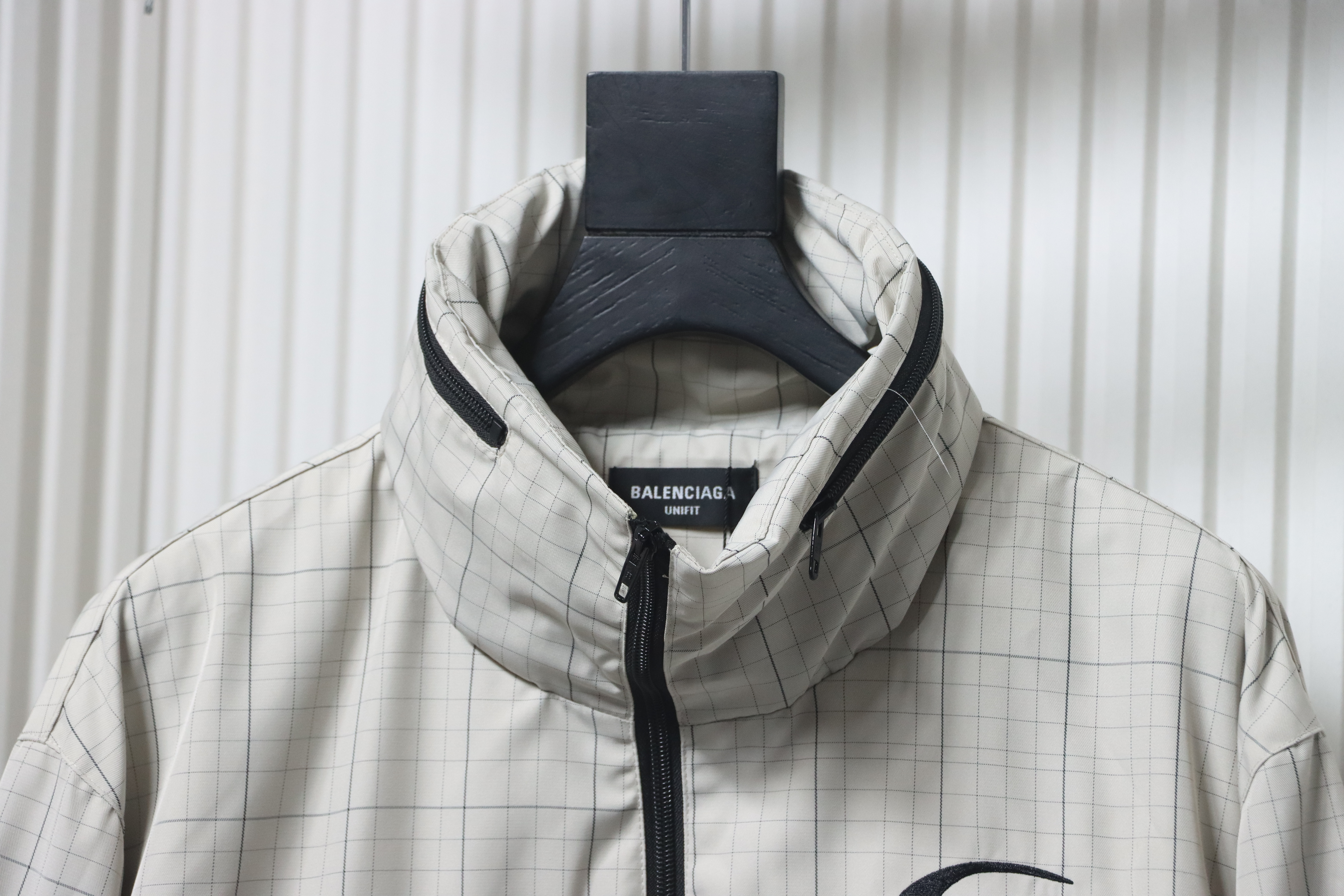 Balenciaga Embroidered Stand Collar Half-Zip Plaid Jacket