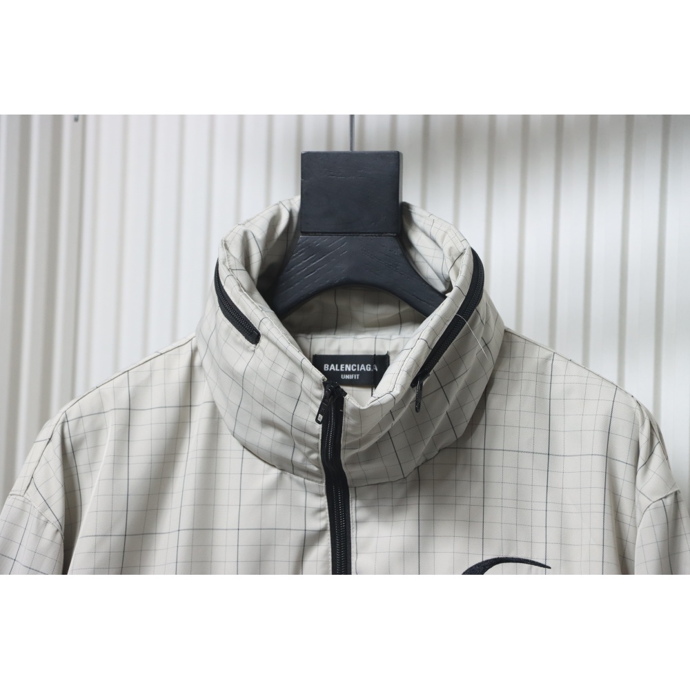 Balenciaga Embroidered Stand Collar Half-Zip Plaid Jacket