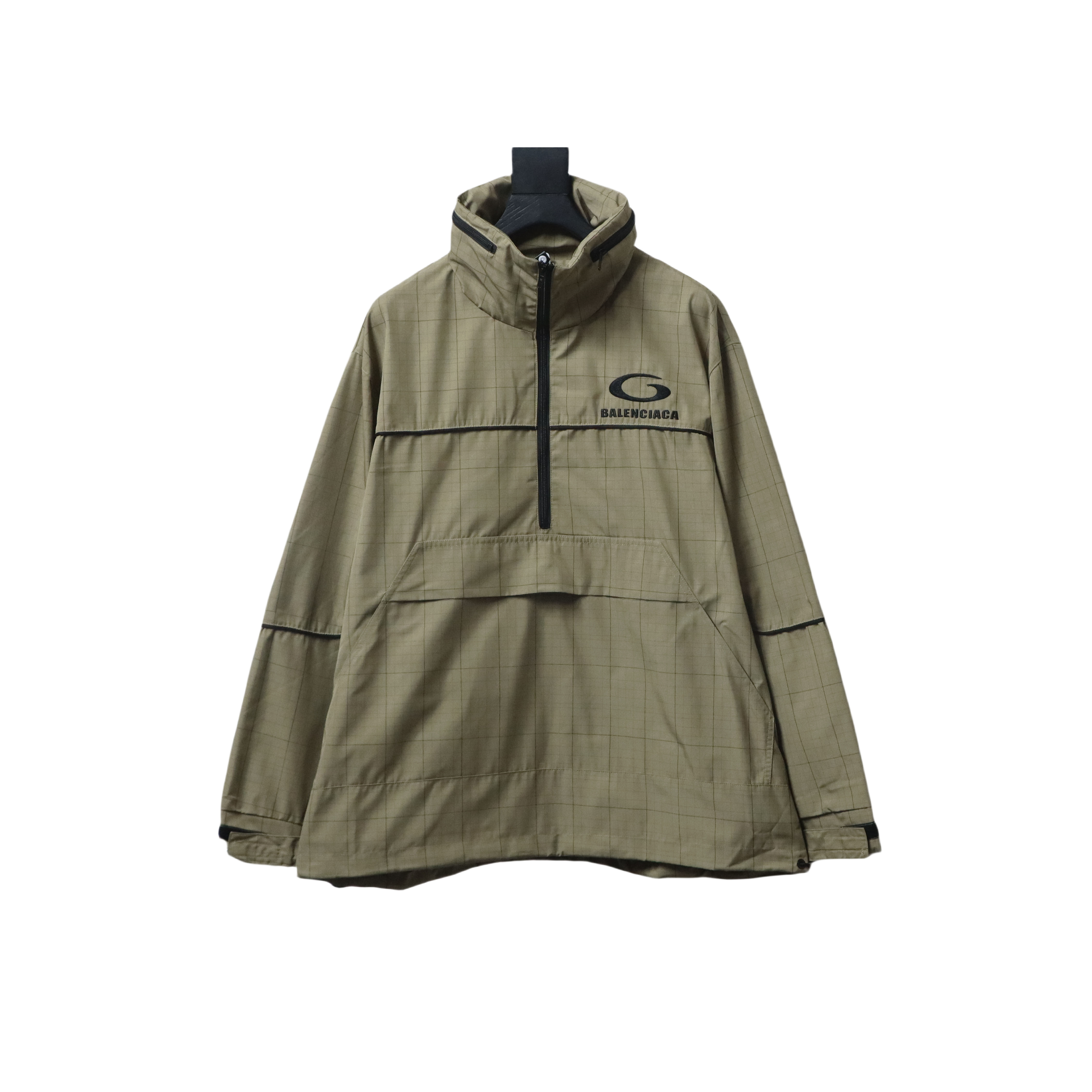 Balenciaga Embroidered Stand Collar Half-Zip Plaid Jacket