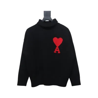 Ami 23Fw Heart Jacquard Turtleneck Sweater Black 01