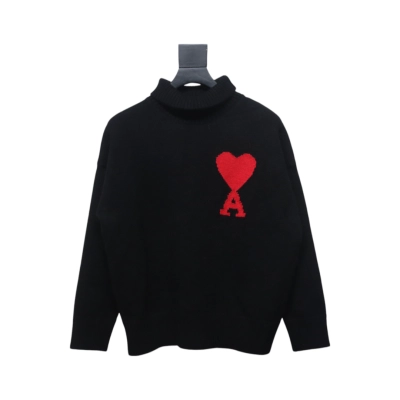 Ami 23Fw Heart Jacquard Turtleneck Sweater Black 01