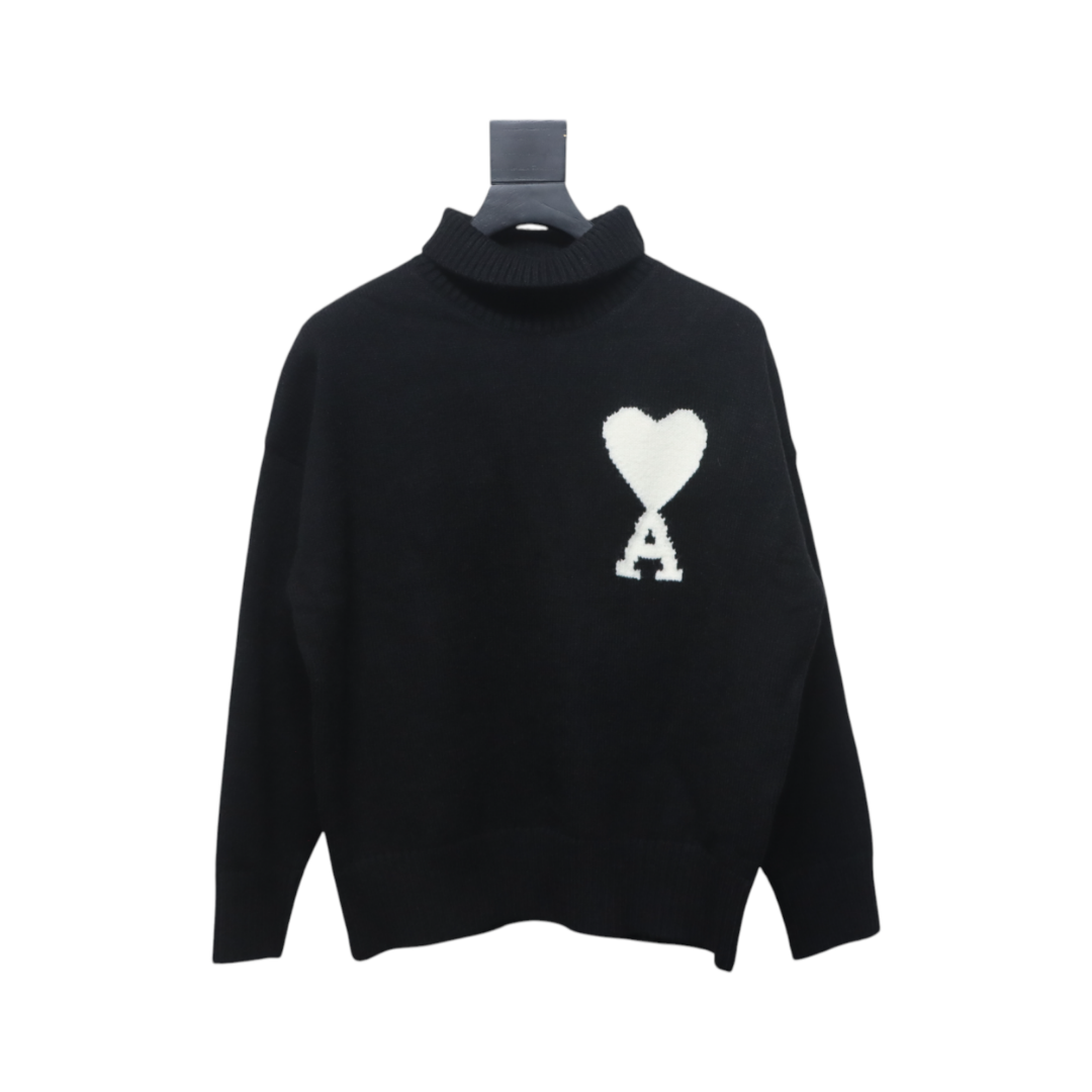 Ami 23Fw Heart Jacquard Turtleneck Sweater Black White