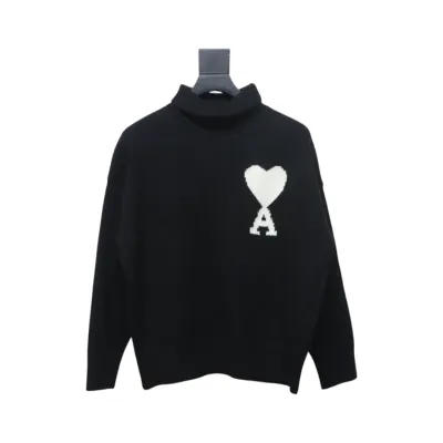 Ami 23Fw Heart Jacquard Turtleneck Sweater Black White 01